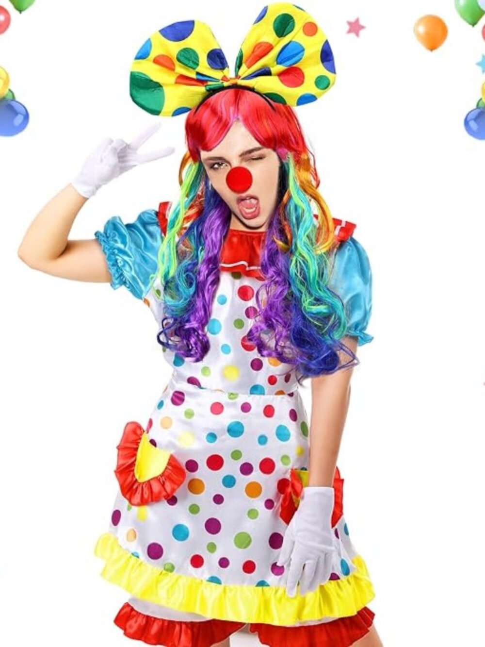 Clown Costume Women Circus Dress Rainbow Wig Size Medium